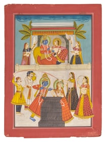 A Painting of Radha and Krishna on Two Tiers with Attendants Celebrating the Spring Festival of