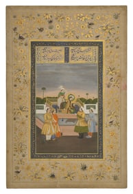 A Fine Mughal School Folio Painting of Emperor Jahangir with Four Courtiers, India, Lucknow, Uttar