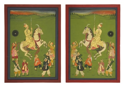 A Fine Large Pair of Equestrian Processional Paintings, North India, In the Manner of Mewar,
