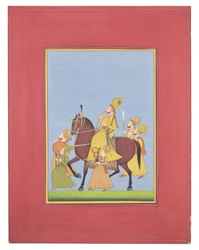 A Painting of a Marwari Equestrian Nobleman Smoking a Hookah Flanked by Five Pleated-Skirt