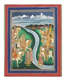 A Painting of Flanking Equestrian Figures on Either Side of a Meandering River, Rajasthan, Bazaar