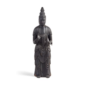 A Large Japanese Carved and Stained Wood Standing Figure of Kannon Bosatsu, Heian Period, 11th/12th