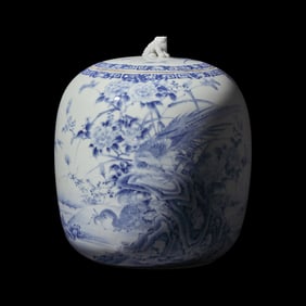A Japanese Hirado Blue and White 'Birds and Insects' Water Jar and Cover, Mizusashi, Meiji Period
