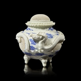 A Japanese Hirado "Dragons" Koro with Reticulated Cover and Base, Meiji Period