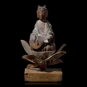 A Japanese Horyu-Ji Style Carved and Painted Wood Figure of a Celestial Musician, 19th Century or