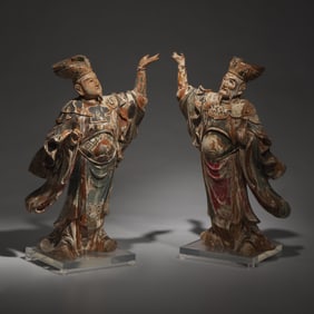 A Pair of Japanese Carved and Painted Wood Figures of Heavenly Dignitaries, Edo Period