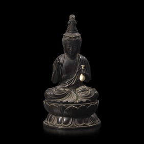 A Japanese Patinated Bronze Seated Bosatsu and Lotus Stand, with Signature of Watanabe Doi, Meiji