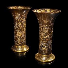 A Pair of Japanese Parcel Gilt and Patinated Bronze Vase, Signed Kyoto Inoue sei, Meiji Period