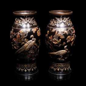 A Pair of Japanese Bronze and Mixed-Metal Baluster Vases, Meiji Period, Late 19th Century