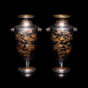 A Pair of Japanese Bronze and Mixed-Metal Baluster Vases, Meiji Period, Late 19th Century