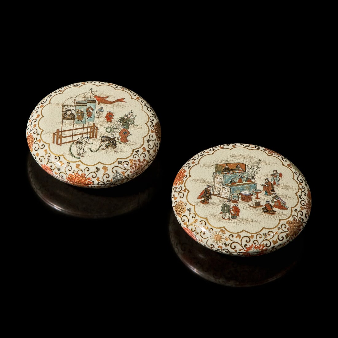 A Rare Pair of Japanese Satsuma-Type Kogo, Yabu Meizan; Meiji Period: A Rare Pair of Japanese Satsuma-Type Kogo, Yabu Meizan; Meiji Period Meiji Period (1868-1912) Of flattened circular form, one decorated with boys at various pursuits before a Tango no Sekku (Boy's Day