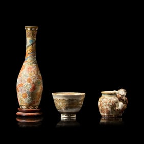 A Small Satsuma-Type Cabinet Vase, a Figural Miniature Vase, and a Miniature Bowl, All Yabu Meizan,