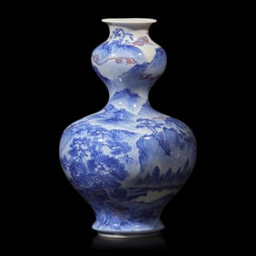 A Japanese Blue and White and Copper Red Glazed Double Gourd 'Landscape' Vase, Signed Dai Nihon