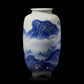 A Japanese enameled Blue and White Ovoid 'Landscape' Vase, Signed Makuzu Kozan Saku
