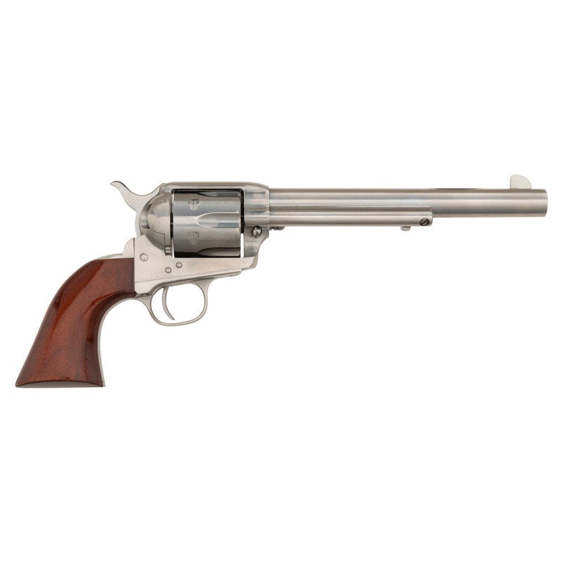 *Stoeger Imported Uberti Model 1873 Stainless Revolver in .45 Colt: *Stoeger Imported Uberti Model 1873 Stainless Revolver in .45 Colt .45 Colt. 7.5" barrel. SN: N12511. Brushed stainless steel finish overall mounting varnished one piece walnut grips and fixed topstra