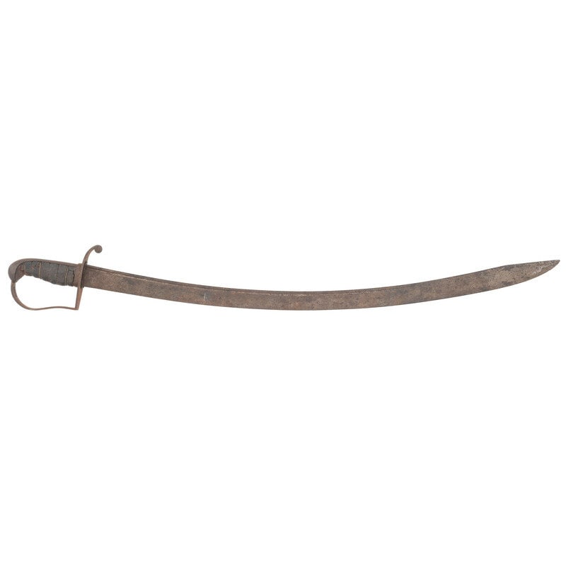 Unmarked Horseman's Saber: Unmarked Horseman's Saber War of 1812 33.75" curved single edged blade with rudimentary clip point and a narrow 24" long fuller along the spine. Overall length 39". 5.25" hilt with iron backstrap and 