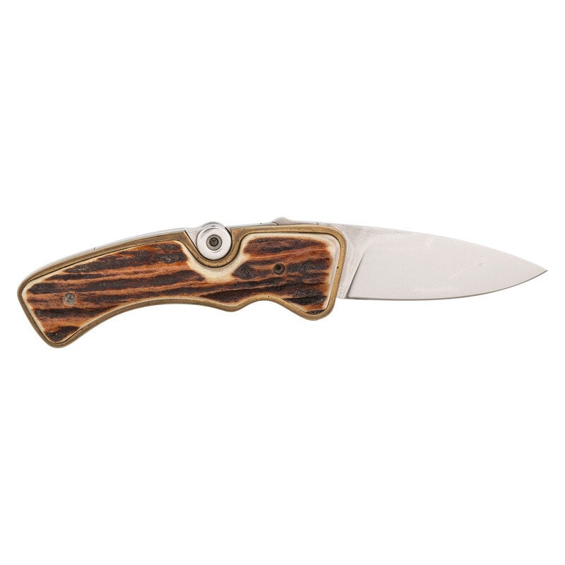 Rare Track Luger Knife with Staghorn Grip Scales: Rare Track Luger Knife with Staghorn Grip Scales 3" blade length. 7.5" overall with blade extended. Single edge drop point folding knife with brass bolsters mounting Cocobolo grip scales and featuring