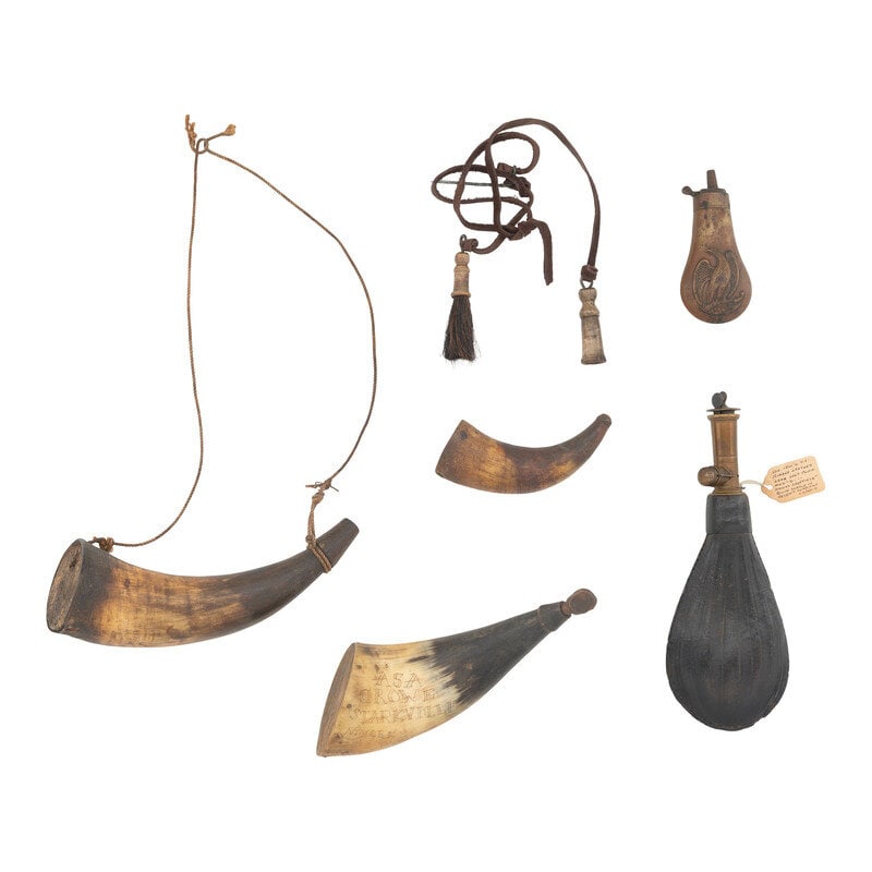 Group of Powder Horns & Flasks: Group of Powder Horns & Flasks Lot includes three powder horns ranging in length from 5.25" to 9", all three with carvings including the initials HJ, the date 1777 over the initial A on