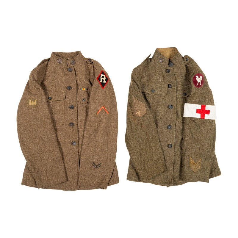 Group of Railheads Jacket and Ambulance Corps Jacket with Ambulance Corps Memorabilia and Greatcoat : Group of Railheads Jacket and Ambulance Corps Jacket with Ambulance Corps Memorabilia and Greatcoat with Wool Canvas Shirts World War I Lot includes one pattern 1917 tunic with R/{Diamond} shoulder pa