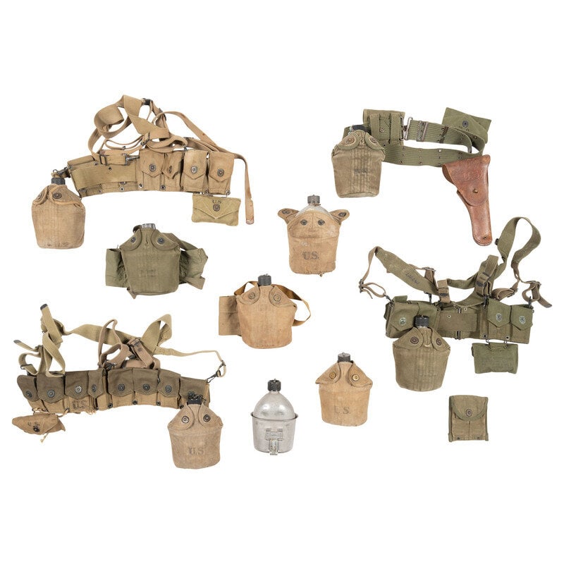Group of WWII Mills Belts and Canteens: Group of WWII Mills Belts and Canteens World War II Mixed lot includes three Mills 1910 pattern cartridge belts in OD green with shoulder straps and affixed canteens and medical kits. Also included ar