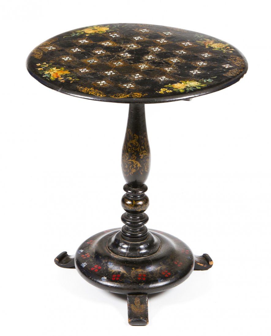 A Victorian Papier Mache Occasional Table, Height 23 1/: A Victorian Papier Mache Occasional Table, having a round top, paint-decorated with florals and inlaid with abalone trefoils as a game board, raised on a turned stem ending in a round base issuing thr
