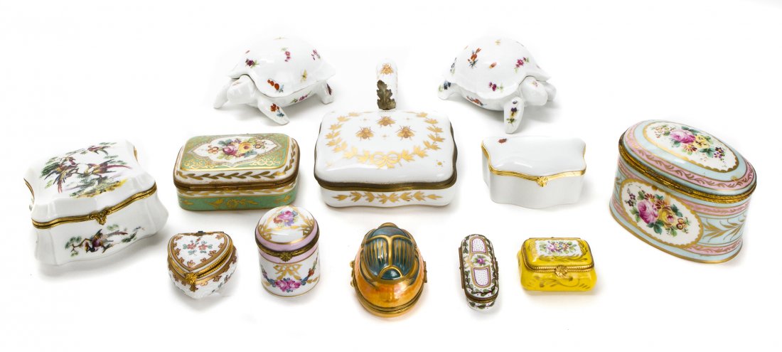 A Collection of Twelve Limoges Boxes, Length of longest: A Collection of Twelve Limoges Boxes, of various forms and sizes. Length of longest 9 1/4 inches. Property from the Estate of Barbara Archer Thomas, Naples, Florida