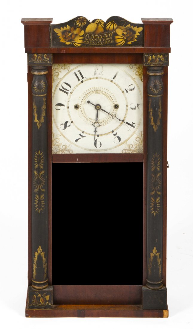 A Connecticut Mantel Clock, Height 35 x width 16 1/2 x : A Connecticut Mantel Clock, by Orrin Hart, Bristol, CT, the mahogany veneered rectangular case with cresting and split balusters flanking the front door with Hitchcock-style black and gold stenciling,