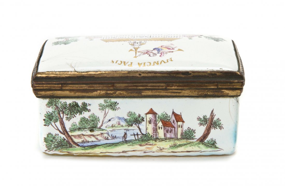 A German Commemorative Enameled Box, Length 2 3/4 inche: A German Commemorative Enameled Box, circa 1763, decorated with a landscape scene, the interior decorated with a figure representing peace, having a gilt metal frame and hinges. Length 2 3/4 inches. P