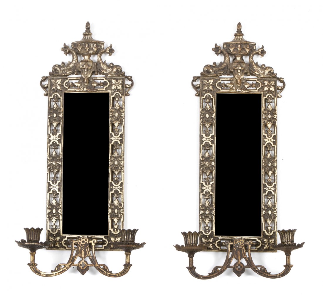 A Pair of Neoclassical Cast Metal Sconces, Height 21 3/: A Pair of Neoclassical Cast Metal Sconces, each set with a rectangular mirror and two candle arms. Height 21 3/4 x width 10 1/2 inches. Property from the SJR Trust