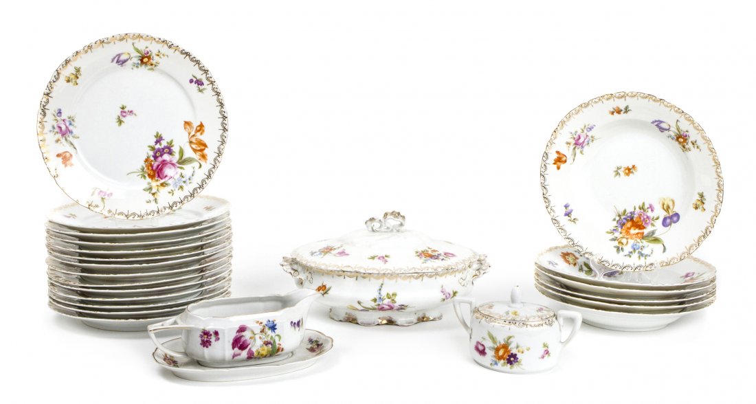 A Rosenthal Partial Porcelain Service, Length of tureen: A Rosenthal Partial Porcelain Service, in the Versailles pattern, comprising 14 dinner plates, 6 bowls, a covered tureen, a sauce boat with tray and a covered sugar. Length of tureen over handles 11 1