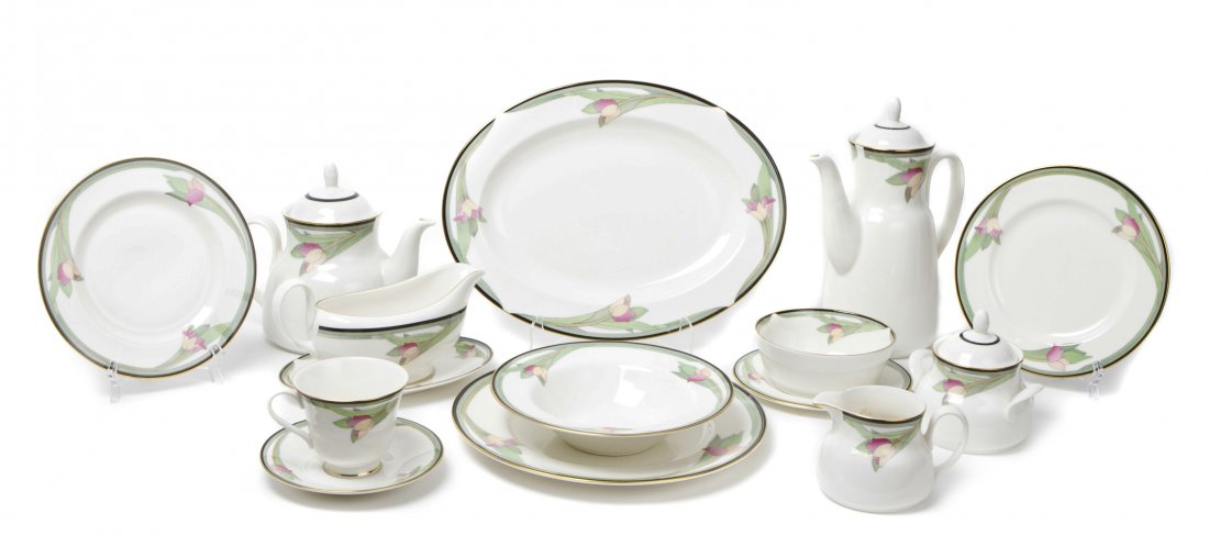 A Royal Doulton Porcelain Partial Dinner Service, Lengt: A Royal Doulton Porcelain Partial Dinner Service, in the Vogue Collection Awakening pattern, comprising 21 dinner plates, 23 luncheon plates, 23 dessert plates, 21 salad dishes, 21 bread plates, 27 so