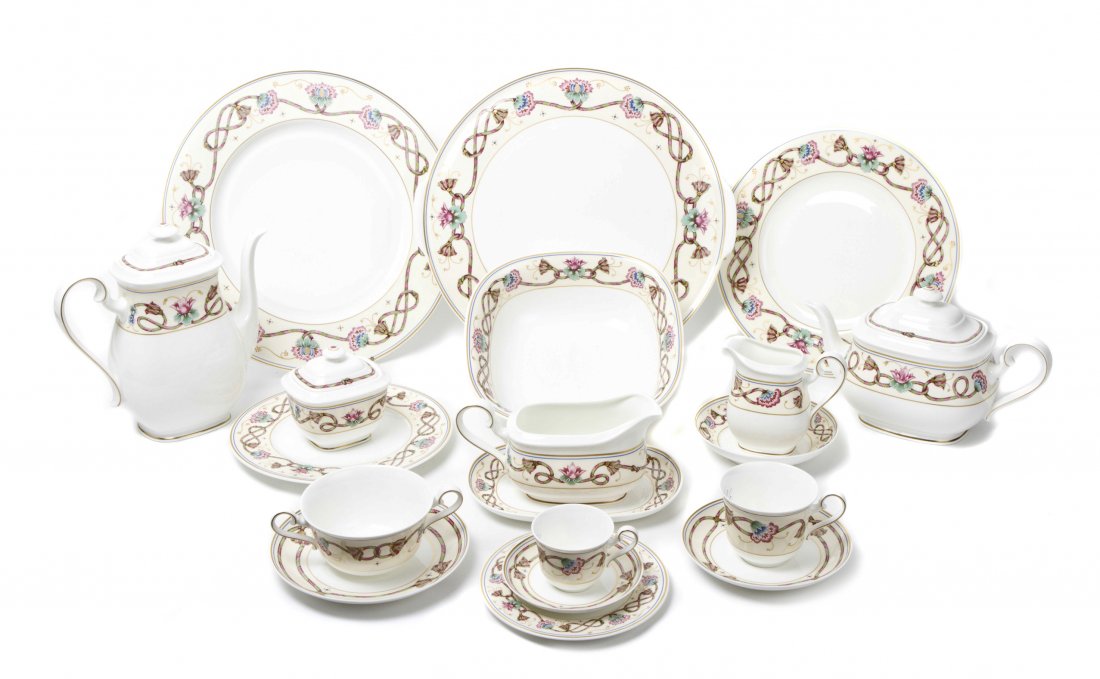 A Villeroy & Boch Porcelain Dinner Service, Diameter of: A Villeroy & Boch Porcelain Dinner Service, in the Ars Vivendi pattern, comprising 17 dinner plates, 16 salad plates, 20 bread plates, 20 soup bowls, 20 soup saucers, 19 dessert bowls, 4 pickle dishes