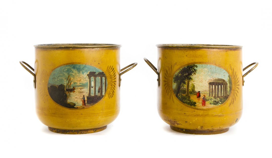 A Pair of Tole Buckets, Height 7 inches.: A Pair of Tole Buckets, each of handled form, decorated with scenes of ruins. Height 7 inches. Property from the SJR Trust