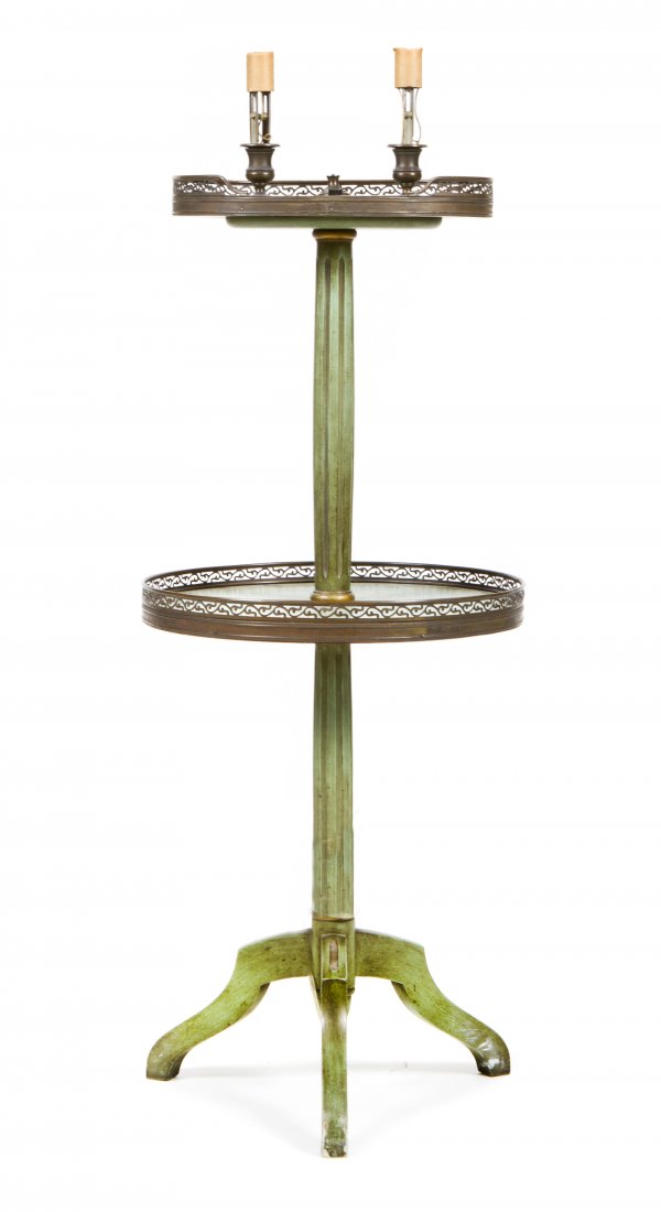 A Green-Finished Two-Light Floor Lamp, Height overall 4: A Green-Finished Two-Light Floor Lamp, of two-tiered construction with an oval top shelf with a three-quarter gallery on a fluted stem with a round shelf, raised on a tripod base, together with a Tole