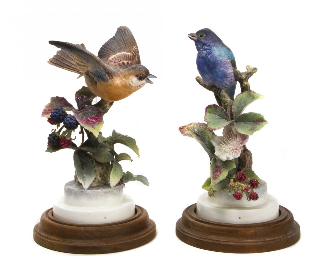 A Pair of Royal Worcester Dorothy Doughty Birds, Indigo: A Pair of Royal Worcester Dorothy Doughty Birds, Indigo Buntings, perched on blackberry branches. Height 8 1/2 inches. Property from the Estate of Barbara Archer Thomas, Naples, Florida