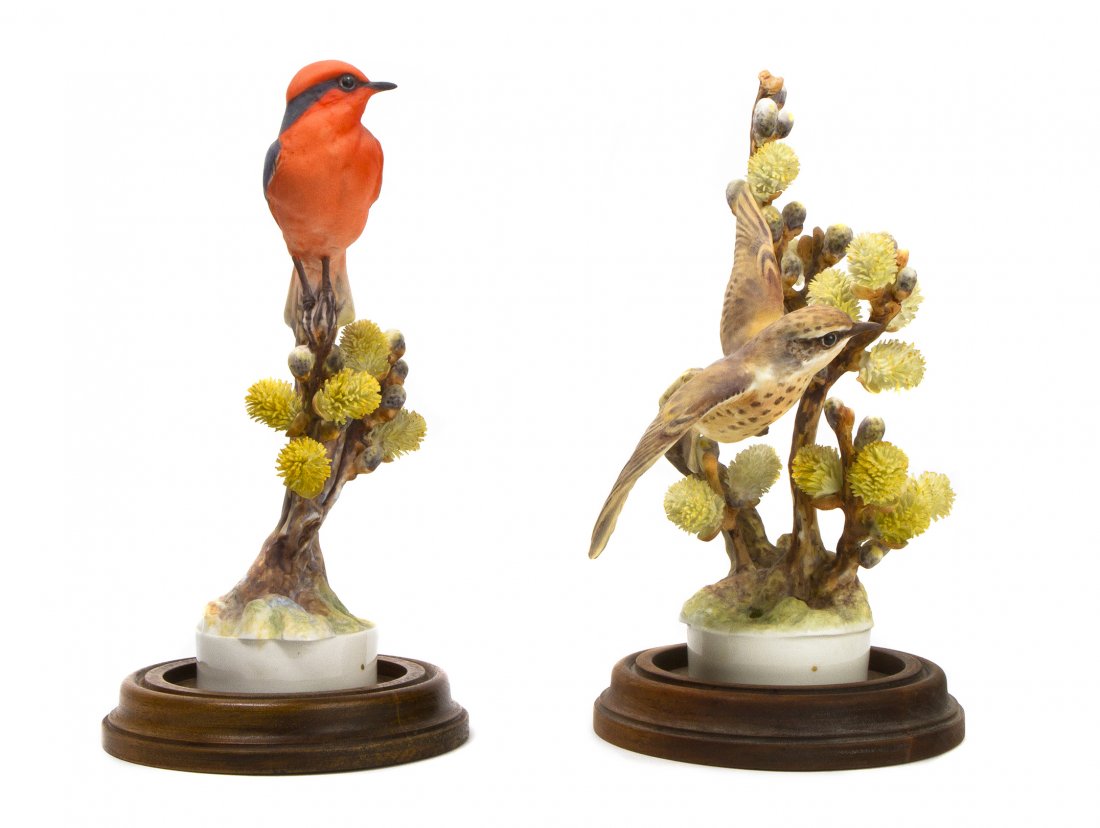 A Pair of Royal Worcester Dorothy Doughty Birds, Vermil: A Pair of Royal Worcester Dorothy Doughty Birds, Vermillion Flycatchers, perched on a pussy willow. Height 9 1/4 inches. Property from the Estate of Barbara Archer Thomas, Naples, Florida