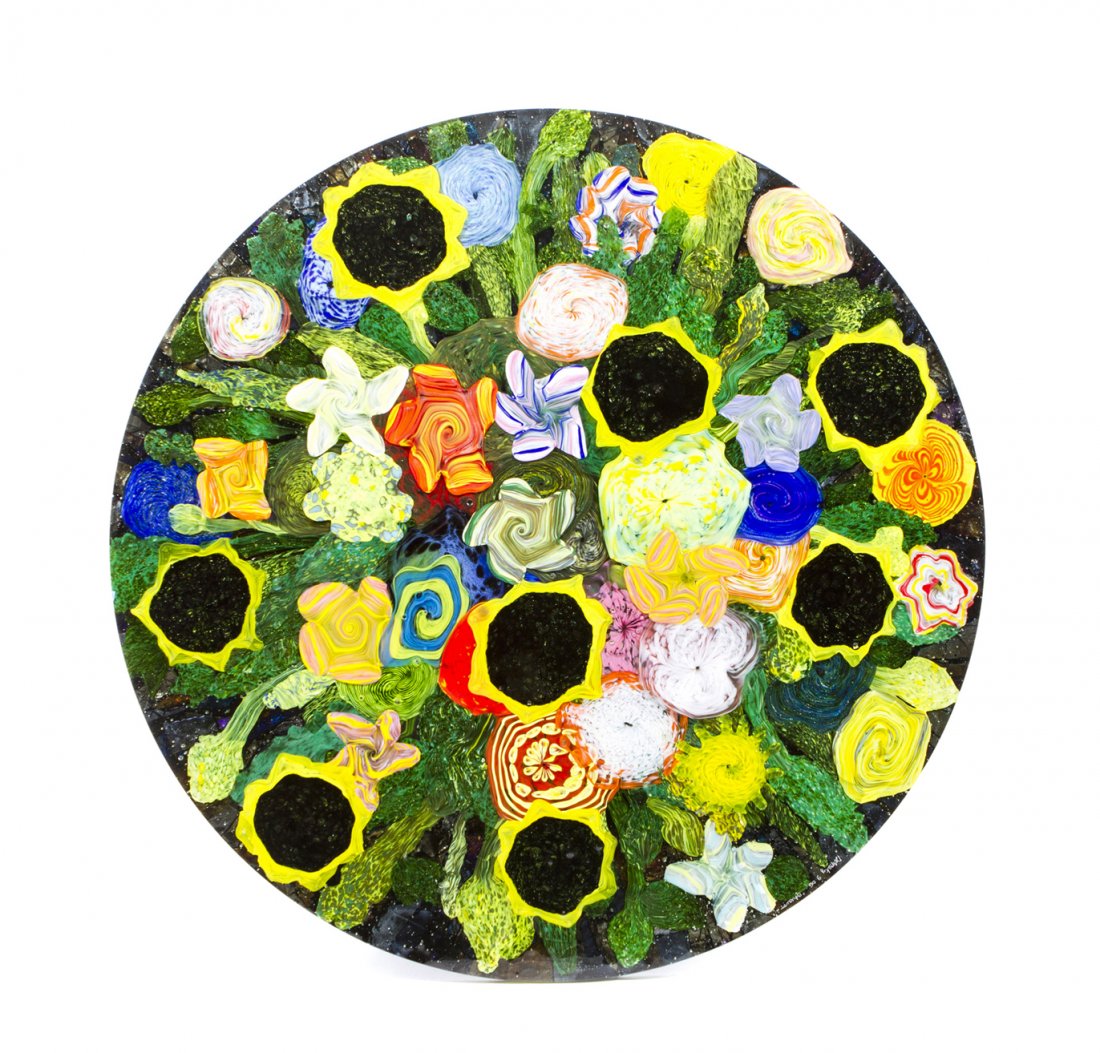 A Contemporary Art Glass Panel, Barbara Domsky, Diamete: A Contemporary Art Glass Panel, Barbara Domsky, Bouquet, 2006, of circular form, having polychrome decoration depicting an abstract floral design. Diameter 40 inches. Property from The Hascoe Collecti