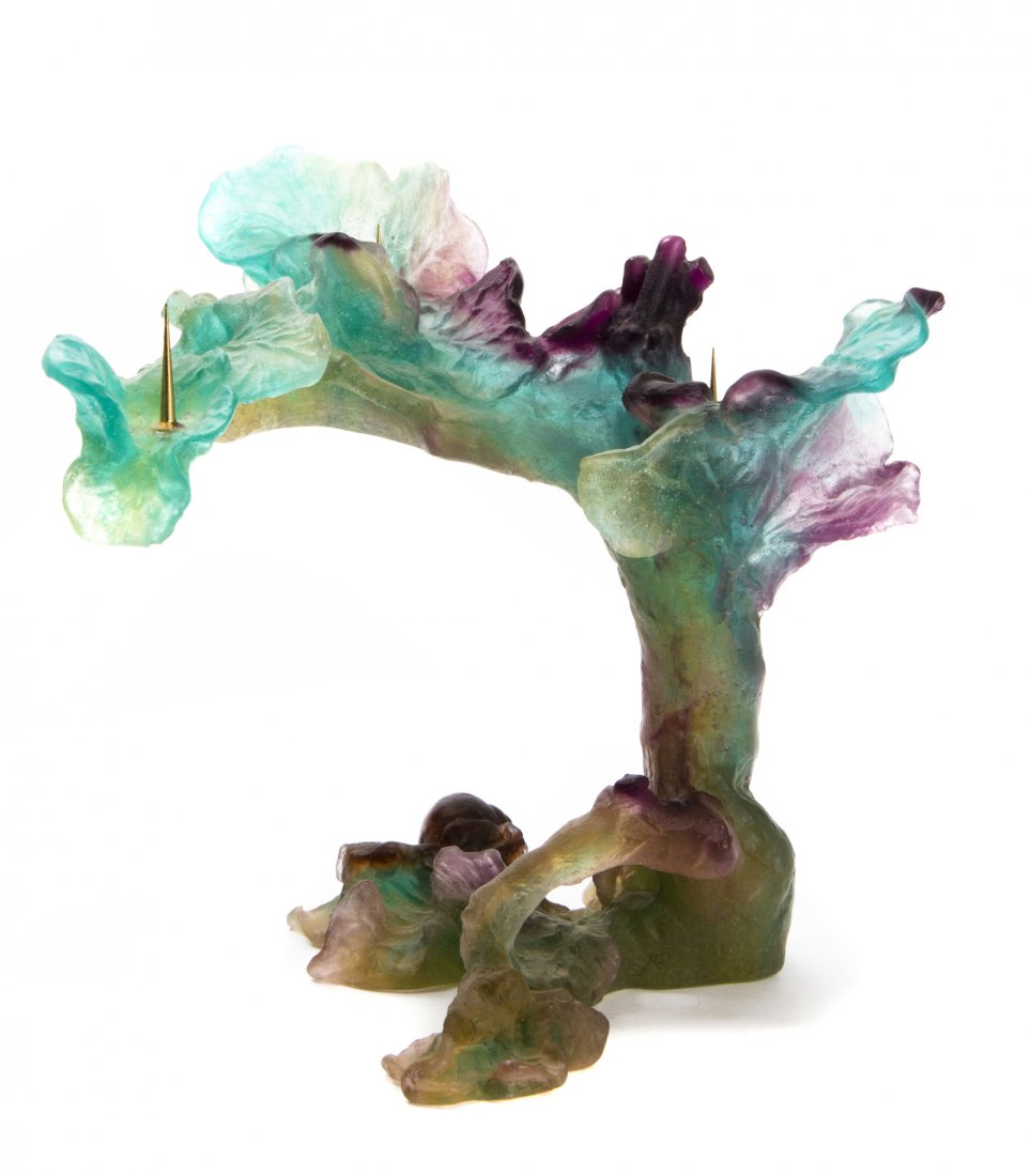 A Daum Art Glass Candelabra, Height 8 1/2 inches.: A Daum Art Glass Candelabra, of stylized branch form with snail accent to base, having three pricket candle holders, etched Daum, France to underside. Height 8 1/2 inches. Property from The Hascoe Col