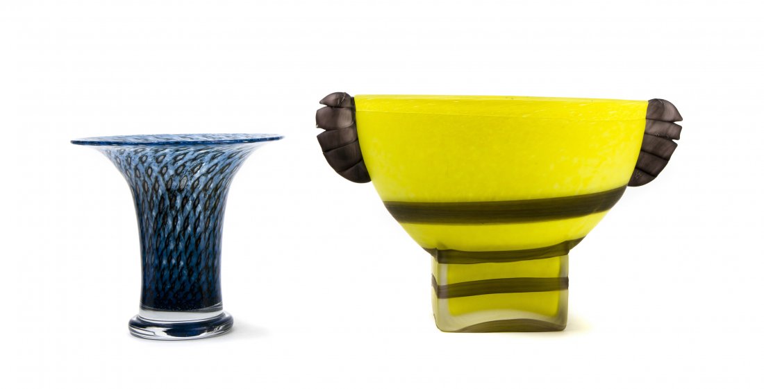 Two Kosta Boda Glass Articles, Height of larger 7 1/2 x: Two Kosta Boda Glass Articles, comprising a molded trumpet vase signed B. Vallien and marked 47534 and a modern Art Deco style center bowl signed indistinctly and marked 59925. Height of larger 7 1/2 