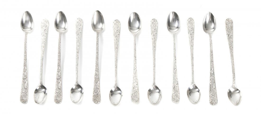 A Set of Twelve Sterling Silver Iced Tea Spoons, Stieff: A Set of Twelve Sterling Silver Iced Tea Spoons, Stieff, in the Repousse pattern. Length 7 1/2 inches.