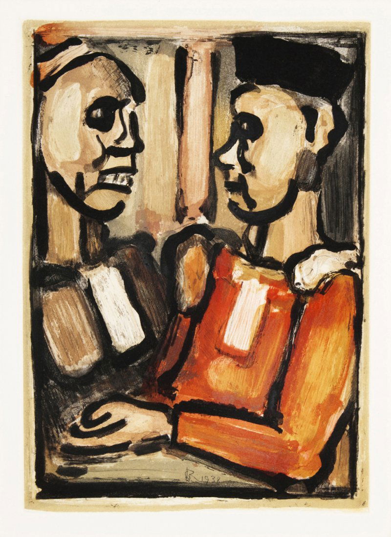 George Rouault, (French, 1871-1958), Juges, 1938: George Rouault (French, 1871-1958) Juges, 1938 color aquatint 12 1/2 x 8 3/4 inches.
