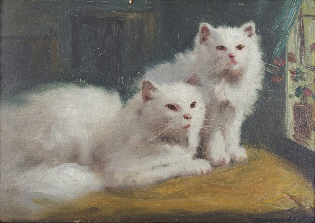 Beno Boleradsky, (Hungarian, b. 1885), Two White Cats a: Beno Boleradsky (Hungarian, b. 1885) Two White Cats at a Window oil on artist board signed Boleradsky (lower right) 9 x 13 inches.