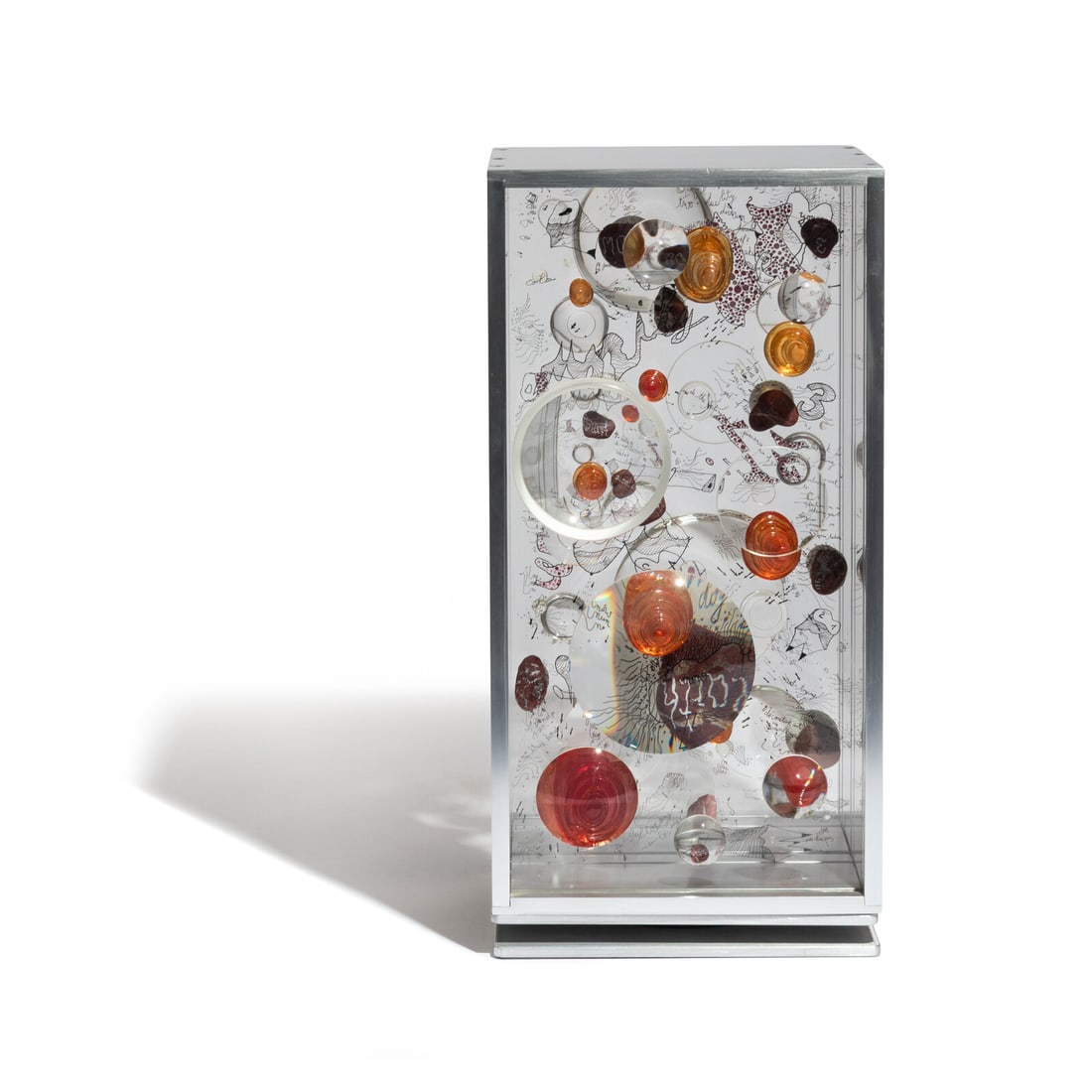 Mary Bauermeister (German, 1934-2023) Purple Earth, 1972-73: Mary Bauermeister (German, 1934-2023) Purple Earth, 1972-73 ink, glass, glass lens, wooden sphere, resin and stainless steel construction signed M. Bauermeister, titled and dated (lower right) 15 3/4