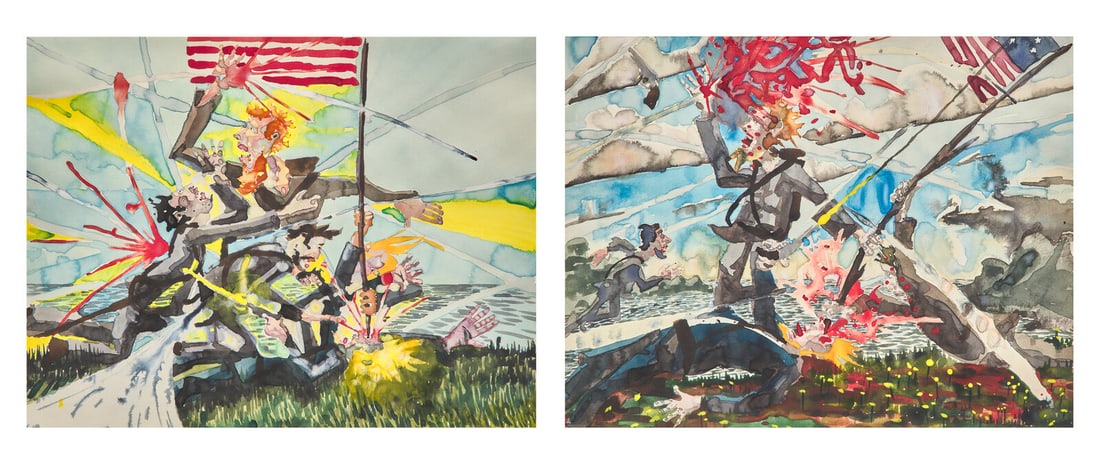 Barnaby Furnas (British, b. 1973) Where the Boys Are (Iwo Jima), August 13, 2000, A Pair, 2000: Barnaby Furnas (British, b. 1973) Where the Boys Are (Iwo Jima), August 13, 2000, A Pair, 2000 pair of works, watercolor on paper each: 8 3/8 x 10 3/4 inches. This lot is located in Chicago. Provenanc