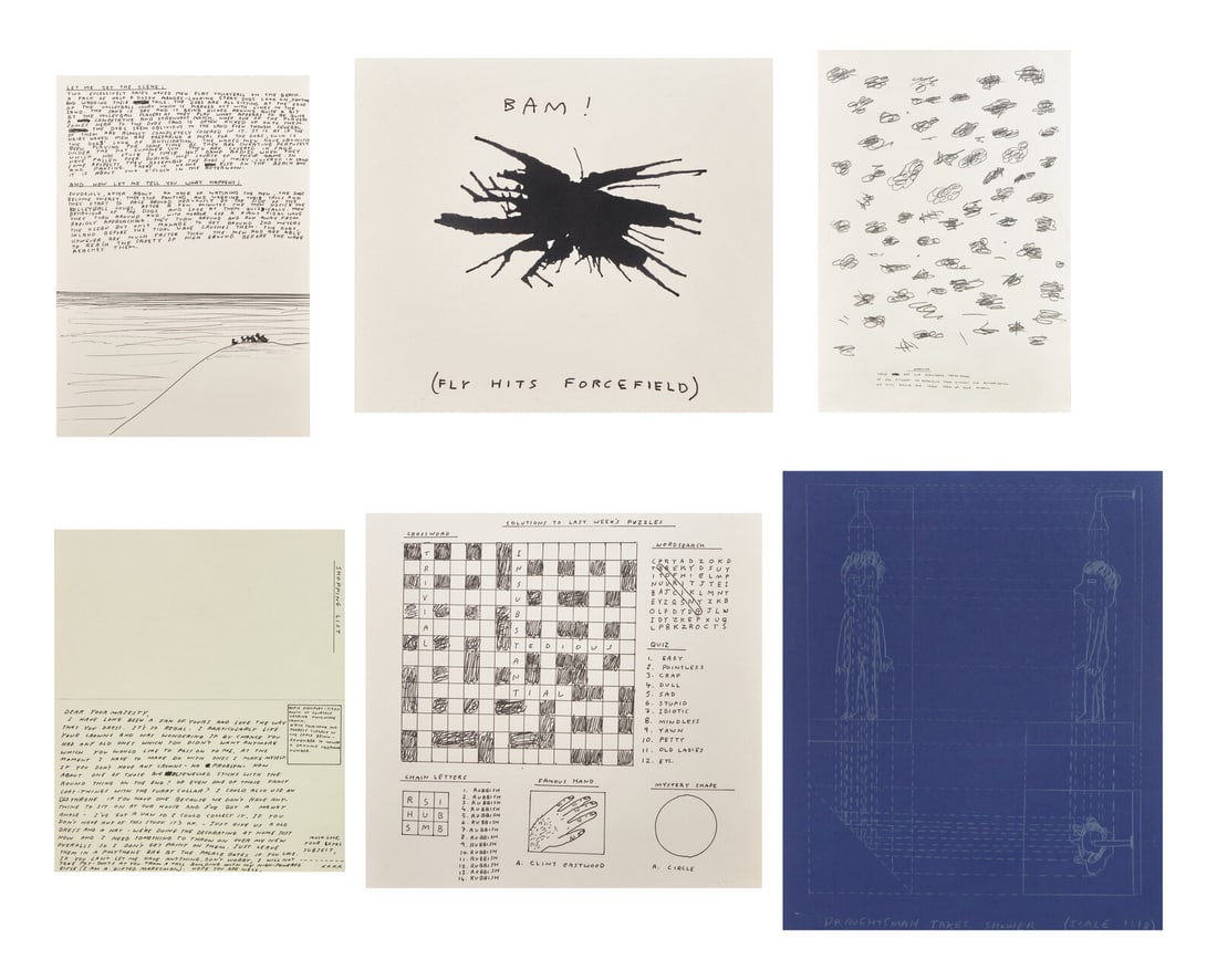 David Shrigley (British, b. 1968) Untitled (Bam!), 1997, Untitled (Draughtsman takes a shower),: David Shrigley (British, b. 1968) Untitled (Bam!), 1997, Untitled (Draughtsman takes a shower), 1997, Untitled (Dear Your Majesty), 1997-99, Untitled (Trademarks), 1999, Untitled (Crossword), 1998 and