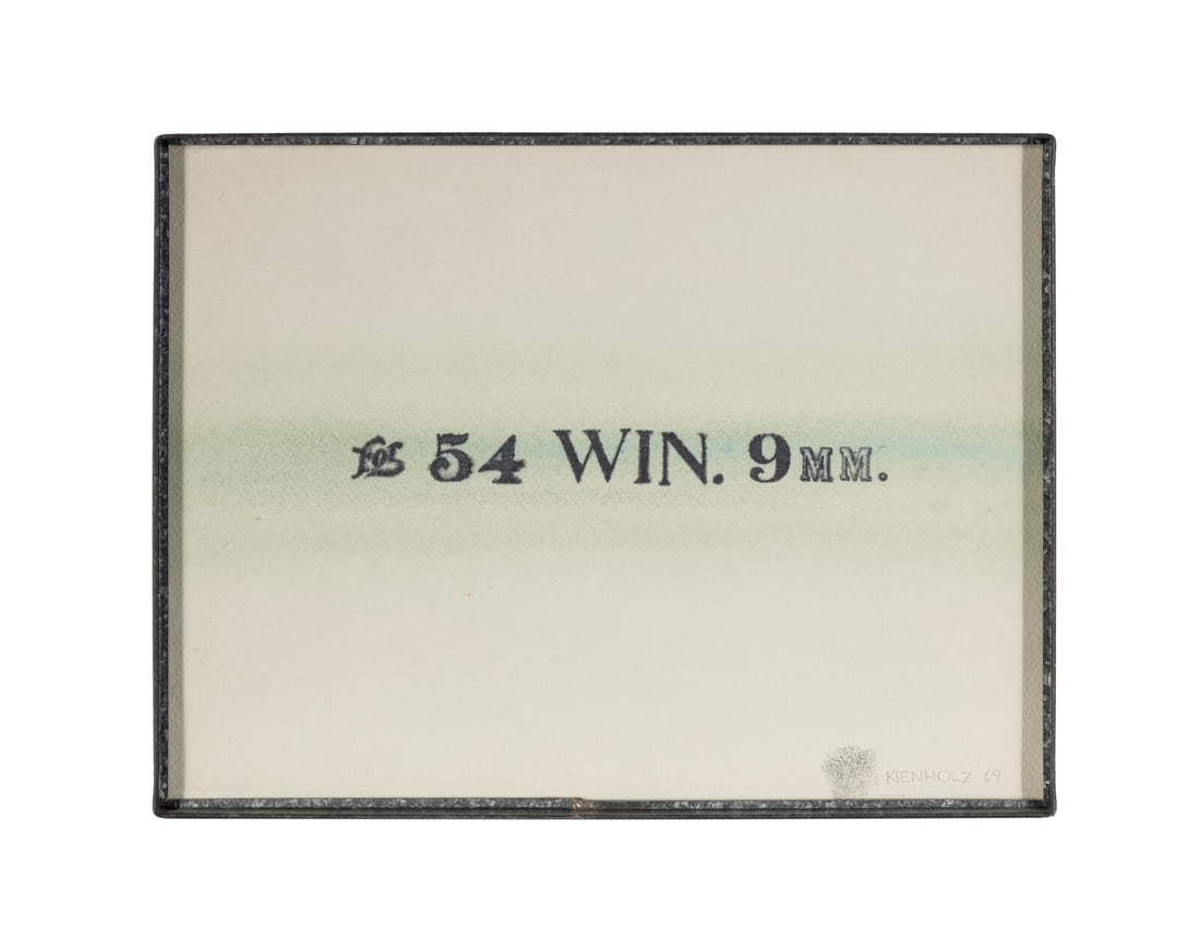 Edward Kienholz (American, 1927-1994) For 54 WIN. 9MM., 1969: Edward Kienholz (American, 1927-1994) For 54 WIN. 9MM., 1969 watercolor signed Kienholz, dated and stamped with the artist's thumbprint (lower right) 12 x 16 inches. Property from the Collection of Ho