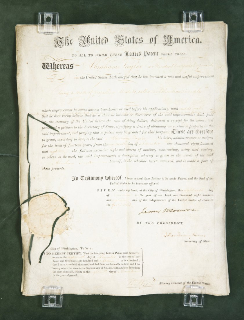 MONROE, JAMES. Ds, 4pp., Nov 18, 1818. Letters patent t: MONROE, JAMES Document signed ("James Monroe") as President, four pages, November 18, 1818, folio, on vellum. Letters patent to Abraham Taylor for "a mode of propelling Boats, called the Columbian Pri