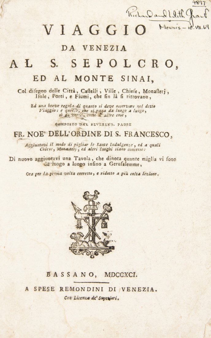 (ITALY) BIANCO, NOE. Viaggio da Venezia al Santo Sepolc: (ITALY) BIANCO, NOE Viaggio da Venezia al Santo Sepolcro et al Monte Sinai. Bassano: Spese Remondini, 1791. 8vo, publisher's plain wraps. Illustrated throughout with numerous woodcuts of city scenes. 