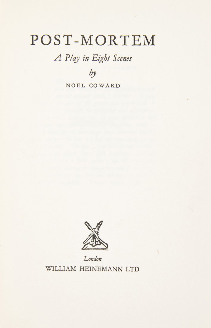 COWARD, NOEL. Post-Mortem. London, (1931). Inscribed to: COWARD, NOEL Post-Mortem. A Play in Eight Scenes. London: William Heinemann, (1931). 8vo, publisher's blue cloth, dust jacket. Inscribed to Carmen Douglas on the f.f.e.p. and dated 1931. Light soiling