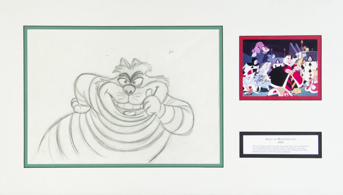 (WALT DISNEY STUDIOS) ALICE IN WONDERLAND. Original pro: (WALT DISNEY STUDIOS) ALICE IN WONDERLAND Original production drawing from Alice in Wonderland, (Walt Disney Studios, 1951), graphite and colored pencil on animation paper. Depicting the Cheshire Cat.